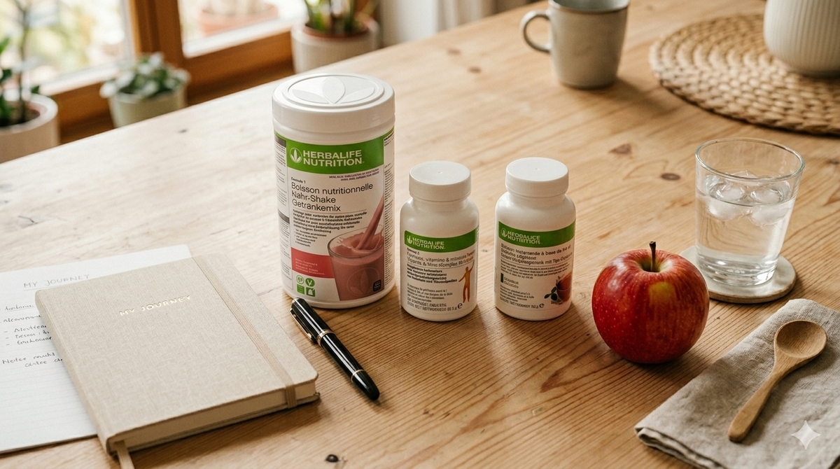 Drei Herbalife-Einsteigerprodukte: Basis-Programm, Multivitamin und Kräutertee-Konzentrat, arrangiert auf einem Holztisch mit Notizbuch und Obst